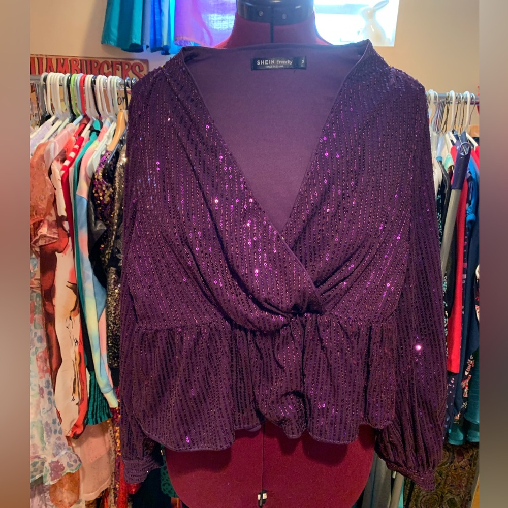 Shein Frenchy Peplum Sequin Blouse with Lantern Sleeves
